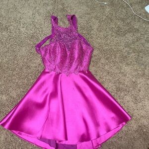 Hot pink short back homecoming dress with pockets and halter top neck, open back